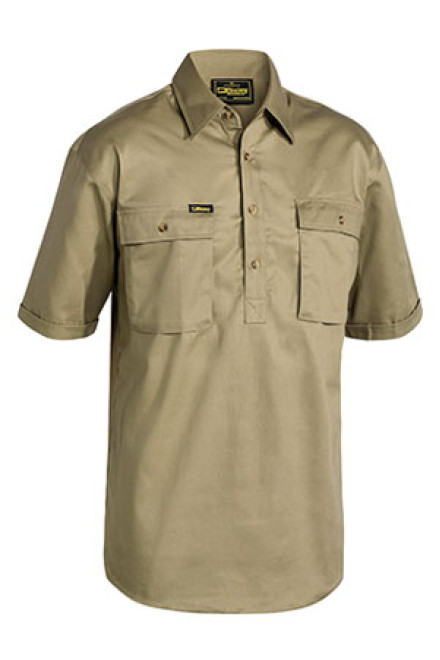 Closed Front Mens Cotton Drill Shirt - Short Sleeve
